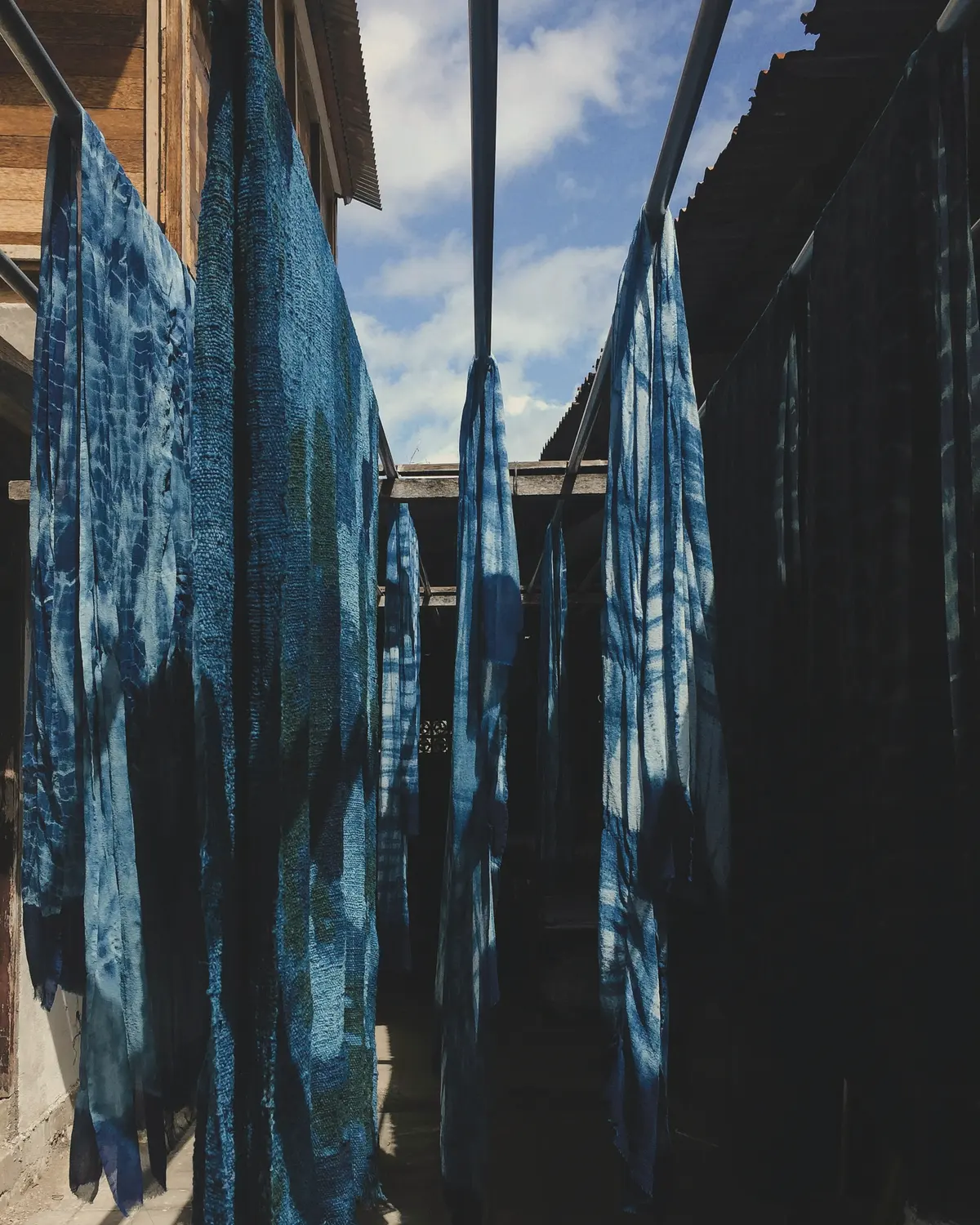 Lengths of indigo-dyed cloth hanging to dry