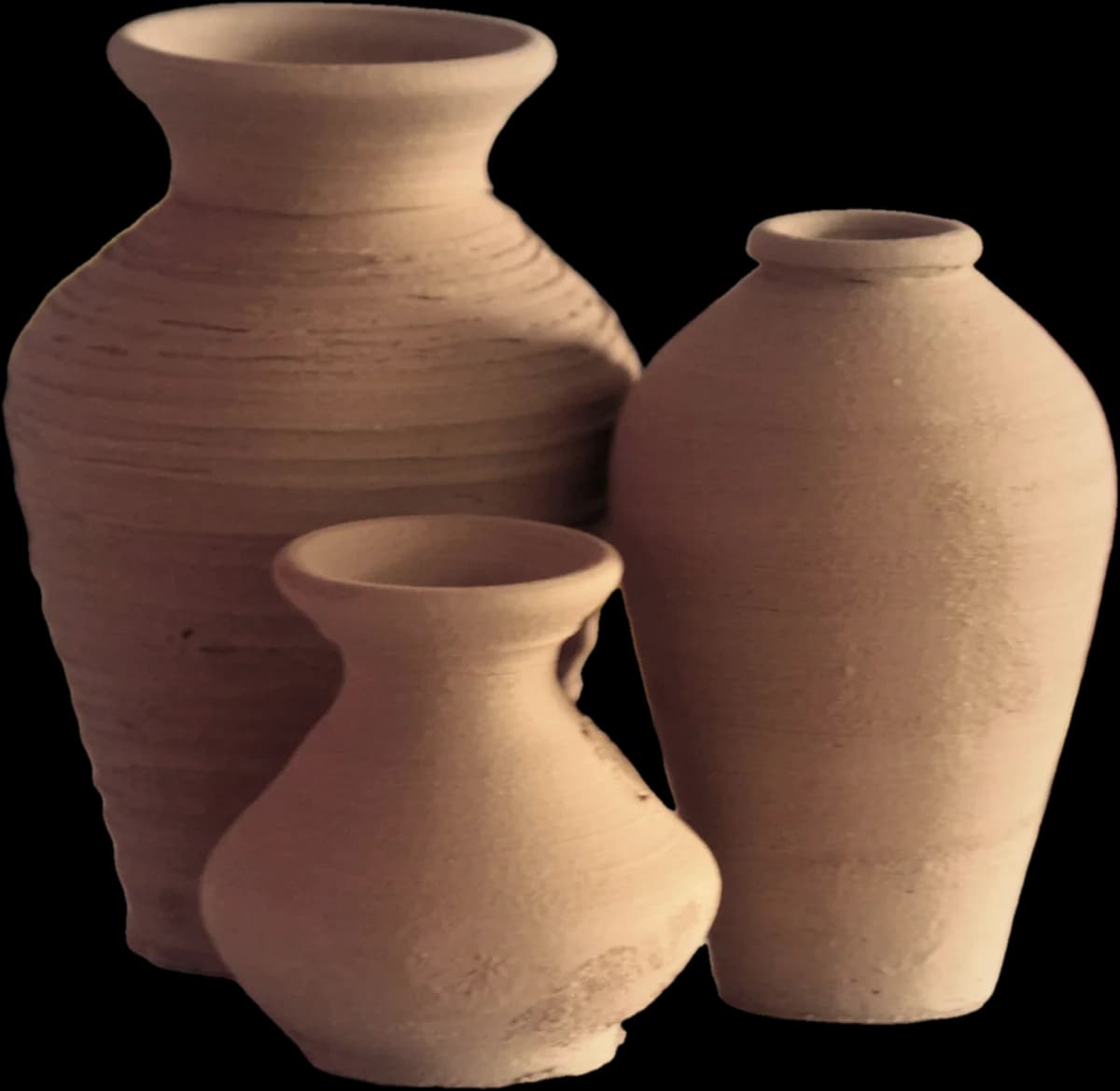 Three unglazed terracotta pots with ridged sides