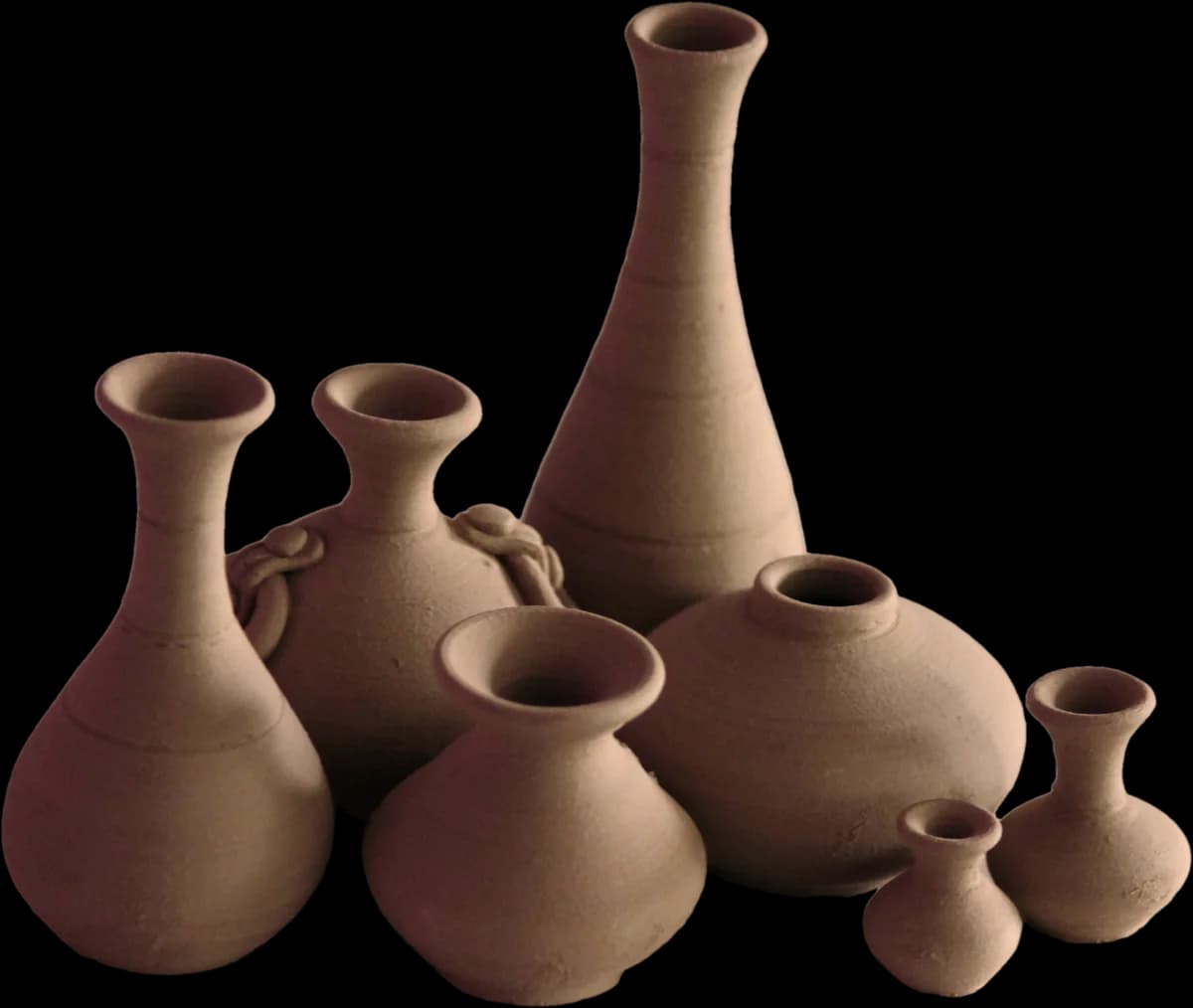 Seven small unglazed terracotta vases of different shapes